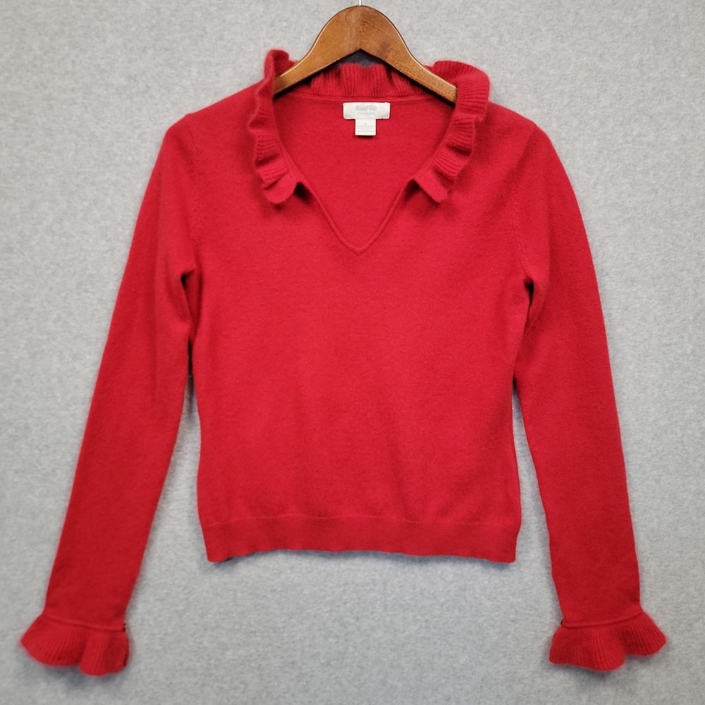 Marshall Fields Cashmere Knit Ruffle V-neck Sweater Red Feminine Womens Sz S